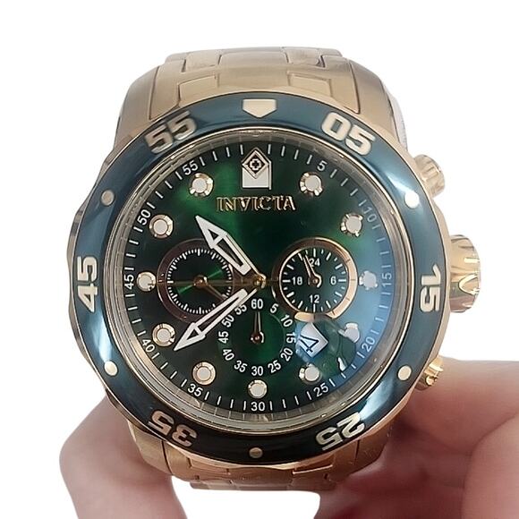 Invicta Men's Pro Diver Watch Scuba Chronograph Green Dial Gold Tone 200m 48mm - Picture 2 of 12